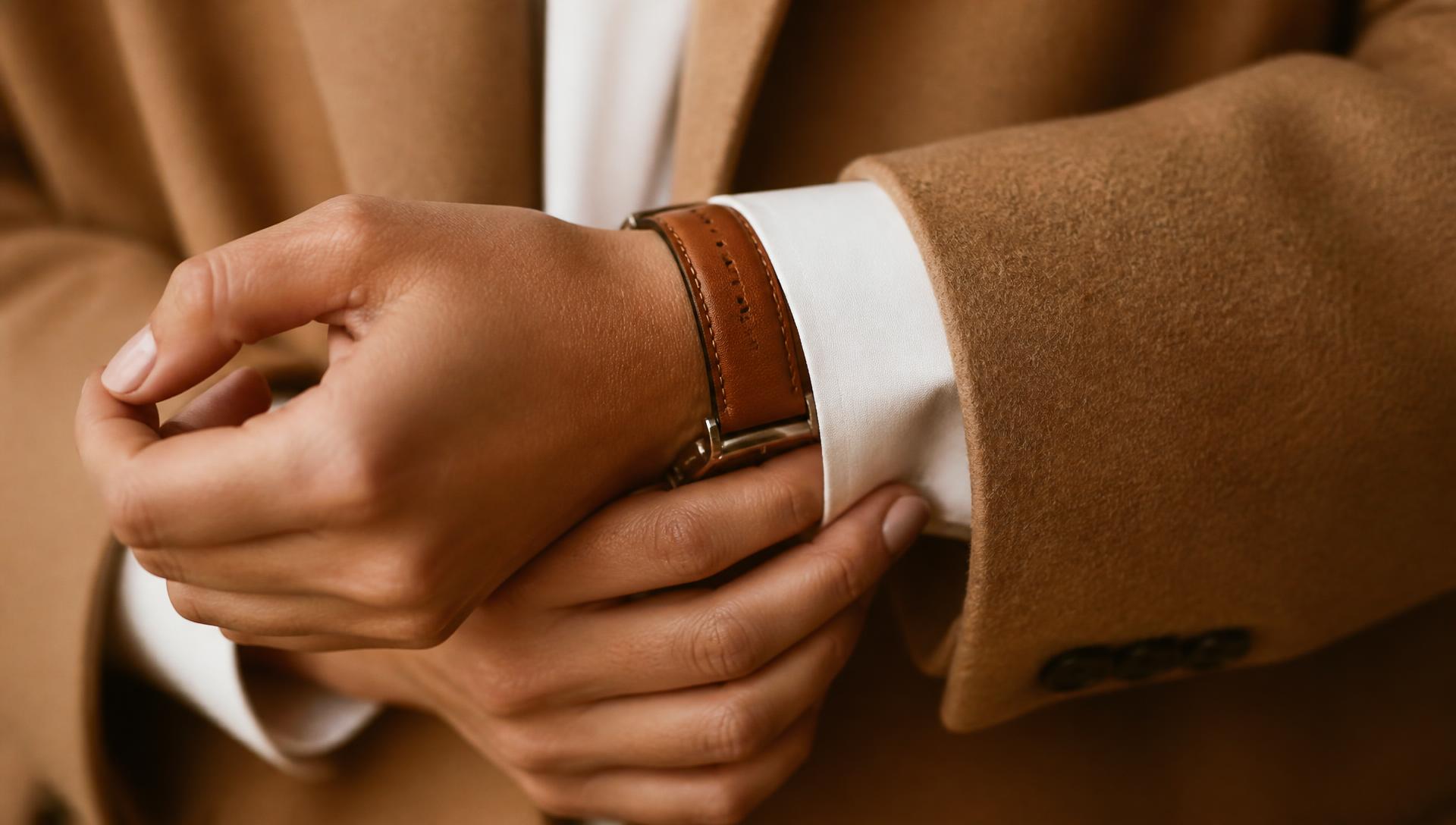 Close-up of a tailored camel coat sleeve, white shirt cuff and a simple leather watch